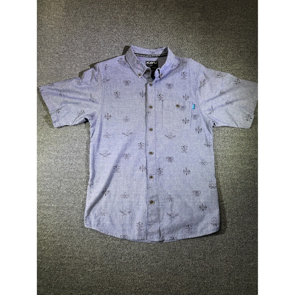 KAVU Mens Klear Above Blue Short Sleeve‎ Button Down Shirt Camping Print Small
